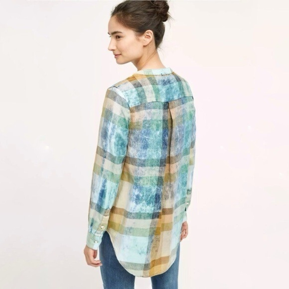 Women’s ANTHROPOLOGIE Isabella Sinclair plaid ruffled tunic acid wash top-Size M - Picture 2 of 8
